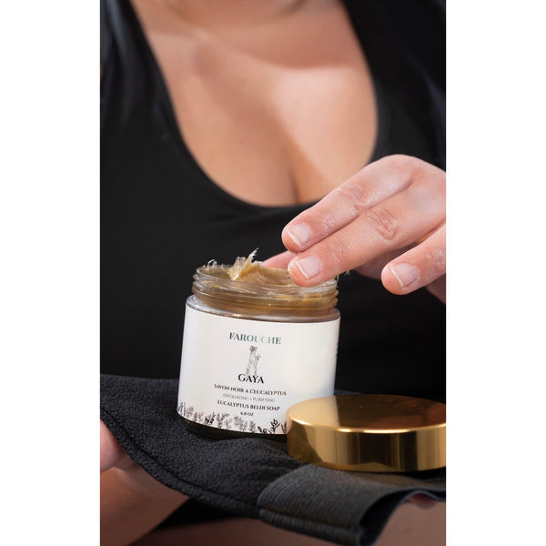 GAYA: Savon noir marocain a l'eucalyptus avec gant exfoliant